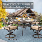 5-Piece Cast Aluminum Patio Furniture, Patio Dining Set for 4 Include 54" Round Outdoor Dining Table and 4 Swivel Chairs with Cushions & Umbrella Hole (Bronze)