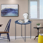 Garden 4 you End Table 2 PCS Metal Side Table Dark Blue Round Folding Tray Cyan Sofa Small Accent Fold-able Table, Round End Table Tray, Next to Sofa Table, Snack Table for Living Room and Bed Room
