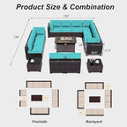 ALAULM Patio Furniture Set with Fire Pit Table 55000 BTU, Outdoor Sectional with Wide Seat and Thick Cushion, 15 Piece Wicker Rattan Conversation Set with Coffee Table for Garden, Deck, Turquoise