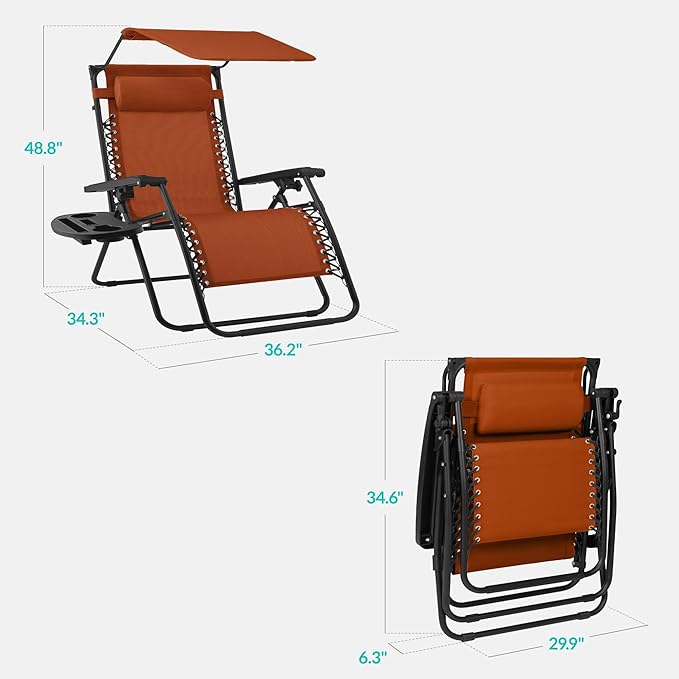 Best Choice Products 30” Wide Folding Zero Gravity Outdoor Recliner Patio Lounge Chair w/Adjustable Canopy Shade, Headrest, Side Accessory Tray - Burnt Orange
