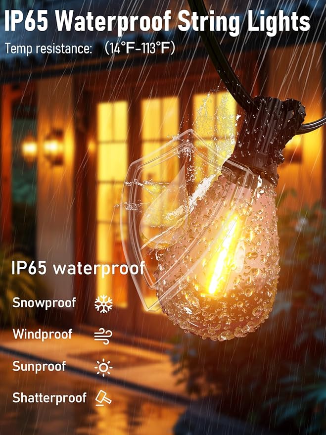 luckystyle 50FT LED Outdoor String Lights with Remote,16+1 Shatterproof Bulbs Waterproof and Dimmable Patio Lights for Porch, Garden, Backyard, Deck, Balcony, 2200K, Hanging Lighting