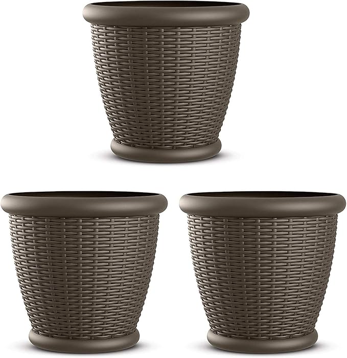 Suncast 3 Pack Wicker Planter w/Drillable Drain Holes, Decorative Indoor/Outdoor Pot, 18in, Java