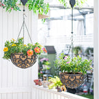 Hanging Planters, 2-Pack Rustic Brown Cast Iron Baskets with Fiber Liner
