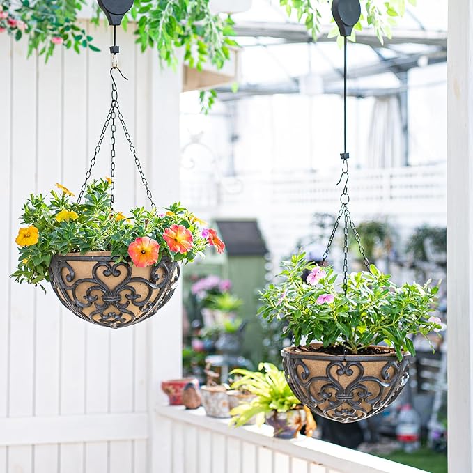 Hanging Planters, 2-Pack Rustic Brown Cast Iron Baskets with Fiber Liner