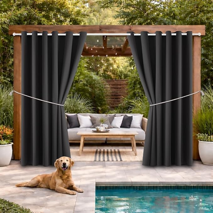 Waterproof Outdoor Curtain W84 x L84 - Grommet Top Sunlight Blocking Window Treatment Drapes Blackout Curtains for Home Bedroom Living Room Outdoor Patio Porch Gazebo (Dark Gray, 2 Panels)
