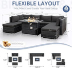 NICESOUL 8 Seater Outdoor Patio Furniture Sectional Sets with Firepits Table Natural Gas Propane, 29.3'' High Back Comfy Wicker Conversation, 9 Piece Deep Wide Modern Modular Sofa for Backyard, Grey