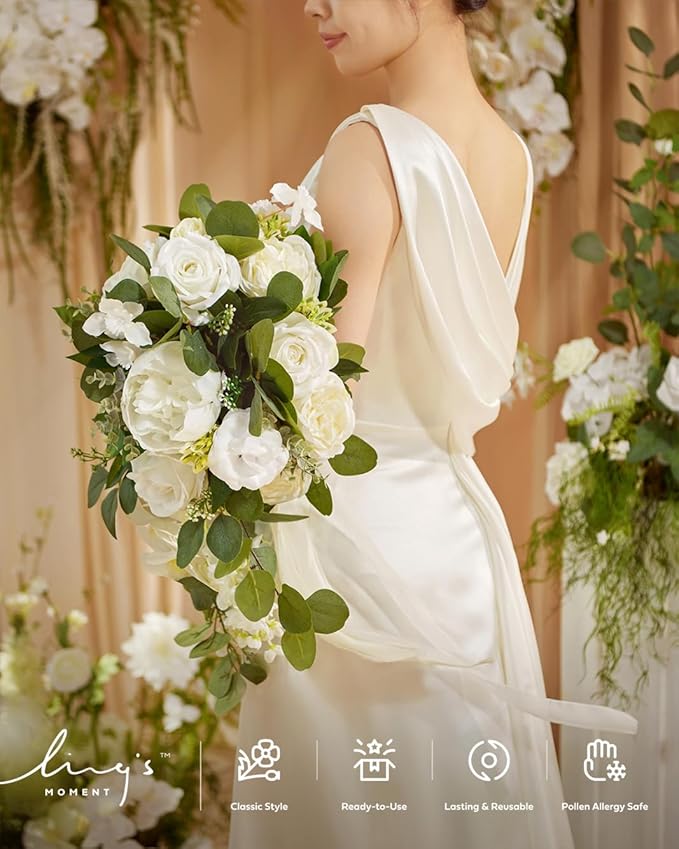 Artificial Flowers Cascading Bridal Bouquet, Faux Silk Peony & Rose