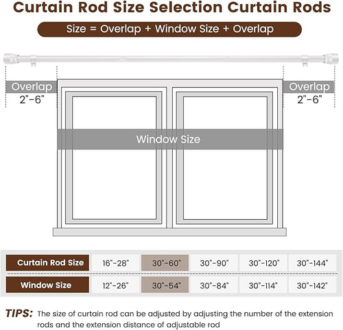 1” Diameter Curtain Rods Itself is 30 to 60 inch 2 Pack Fit 30-54 inch Window with Heavy Duty Adjustable Rod Matte White Splicing Metal Extra Long Curtain Rod for Windows
