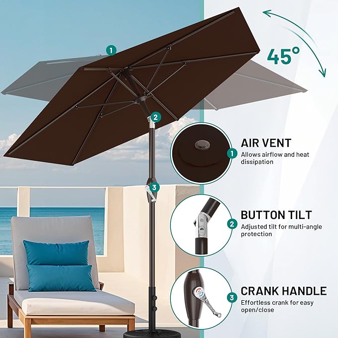 AreShark 7.5FT Patio Umbrella Table Market Umbrella with 6 Sturdy Ribs, Button Tilt/Crank, Heavy-Duty Outdoor Umbrellas for Pool, Deck, Garden and Backyard, Brown