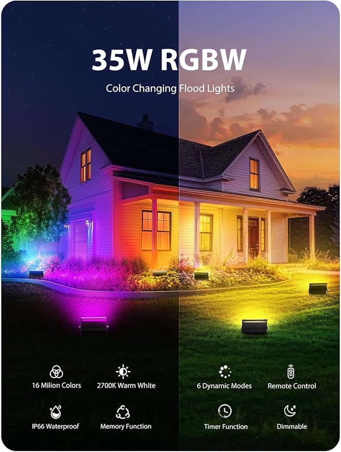 Onforu LED Flood Light Outdoor 35W Color Changing RGBW Floodlight with Remote, 2700K Warm White IP66 Stage Lighting Indoor Uplights for Events, Uplighting for Party 4 Pack