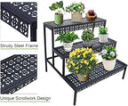 aboxoo 3 Tier Stair Style Large Metal Plant Stand, Garden Display Shelf Flower Pot Holder Storage Organizer Rack for Indoor Home Outdoor Patio Balcony Yard( Black, Rectangle)