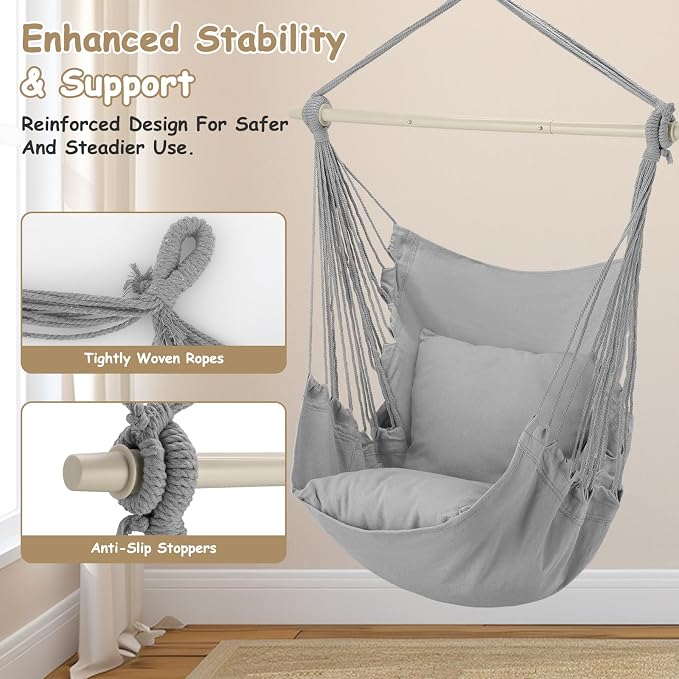 Hammock Chair with 2 Cushions, 350 lb Capacity, Gray Macrame Rope Swing