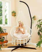 Greenstell Hammock Chair, Macrame Swing Chair with Comfy Cushion, Boho Hanging Chair for Outdoor & Indoor, Perfect for Bedroom, Patio, Balcony, Hold up to 350Lbs, White