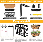 Riare 4 Pack 16 Inch Metal Railing Planter Window Box with Coco Liner- Adjustable Window Flower Boxes for Railings, Hanging Rail Planters for Deck, Balcony, Porch, Fence, Indoor Outdoor Plants