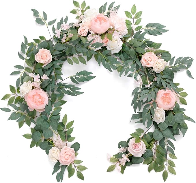 Artificial Flower Garland Runner, 6 Ft Blush and Cream Eucalyptus