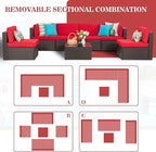 Vongrasig 7 Pieces Patio Furniture Sets, Outdoor All-Weather Wicker Patio Conversation Sets, L-Shaped Rattan Sectional Patio Sofa with Glass Table for Backyard, Red