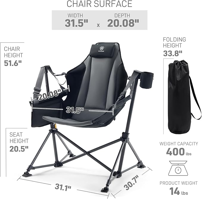 Padded Hammock Camping Chair, Black Metal Frame, 400 lb Capacity
