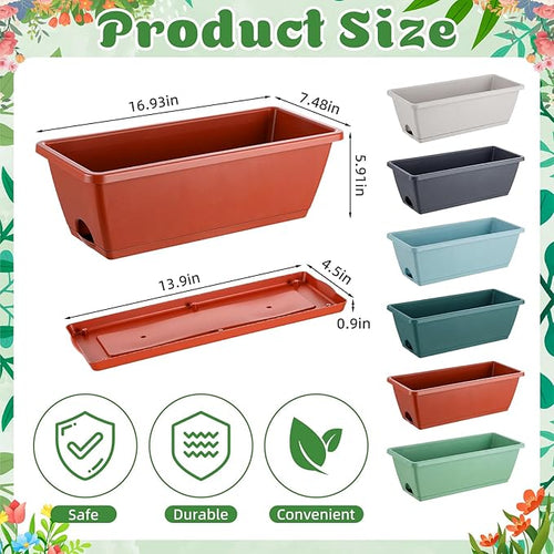 18 Pack Window Box Planter 17 Inches Rectangular Vegetable Flower Planters with Drainage Holes and Saucers Plastic Flower Pots Coloful Herb Planter for Indoor Outdoor Patio Garden Home Decor
