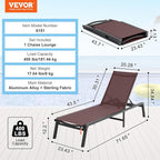 VEVOR Chaise Lounge Chair Outdoor, Aluminum Patio Lounge Chairs with Adjustable 5-Position, Folding Pool Chair Recliner and Full Flat Tanning Chairs for Patio, Beach, Pool, Brown