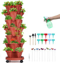 GameXcel Vertical Planter, 7 Tier Stackable Strawberry Planter with Garden Tool Set, Movable Indoor/Outdoor Garden Herb Pot for Growing Vegetables and Succulents, Red