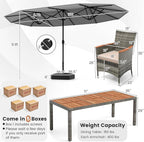 Tangkula 10 Pieces Patio Wicker Dining Set w/Double-Sided Patio Umbrella, Outdoor Acacia Wood Furniture Set w/ 8 Armchairs, 71” Dining Table & 15 ft Umbrella with Weighted Base (Gray)