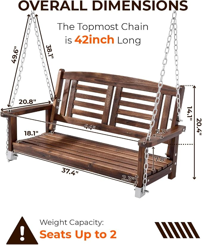 Porch Swing Acacia Wood Bench, 600 lb Capacity, Carbonized Color
