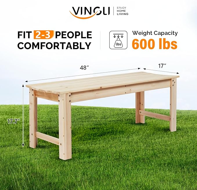 Outdoor Bench, 48-Inch Natural Solid Fir Wood Backless Patio Bench
