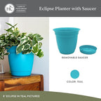 The HC Companies 6 Inch Eclipse Round Planter Pots with Drainage Holes & Attached Saucer, Lightweight UV-Resistant Plastic Indoor & Outdoor Planters, 4-Pack Flower Pots for Garden & Home Decor, Teal