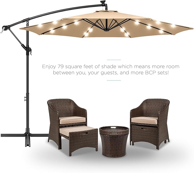 Best Choice Products 10ft Solar LED Offset Cantilever Hanging Market Patio Umbrella, 8 Sturdy Ribs, Easy Adjustment - Sand