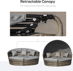 Outsunny 4-Piece Round Convertible Daybed with Cushions, Outdoor PE Rattan Patio Wicker Sofa Set, Sunbed with Adjustable Sun Canopy, Sectional Sofa, 2 Chairs, Table, 3 Pillows, Gray