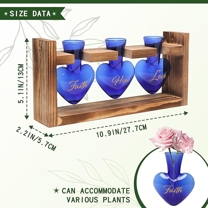 Terrarium Set with Heart Shaped Glass Vases, Wood Stand, Blue