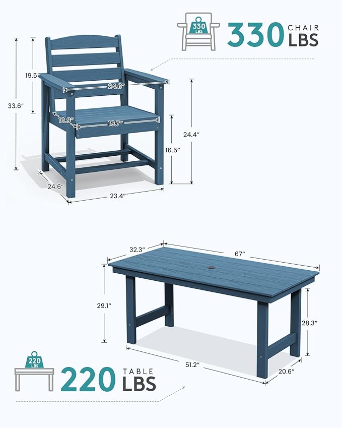 SERWALL Outdoor Dining Table, 67" Rectangle HDPE Dining Table for 6, Patio Table for Dining with Umbrella Hole, Blue