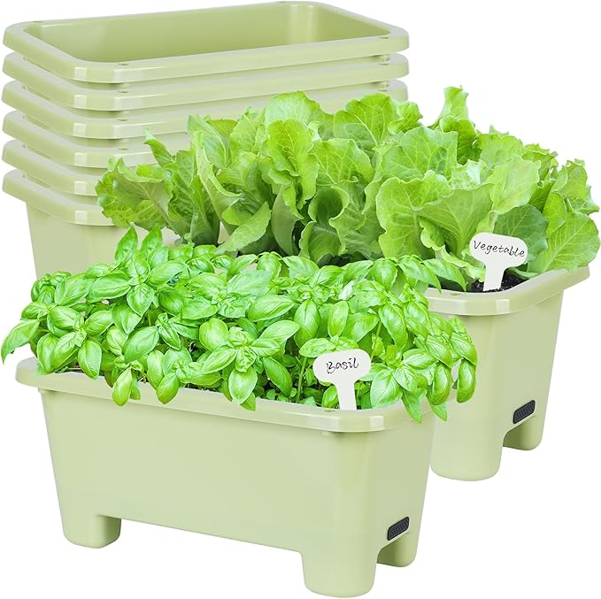 Self-Watering Rectangle Planter Boxes 8-Pack, 15.7-Inch Window Box Planter with Drainage Holes & Trays, Pots for Vegetables, Herbs, Flowers, Garden Windowsill Balcony (Light Green)