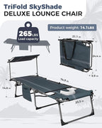 KingCamp Tanning Chair with Face Hole, Lounge Chairs Outdoor Folding Comfy Adjustable 5-Position Foldable Chaise Chaser with Canopy Shade for Outside Beach Patio, Blue/Grey