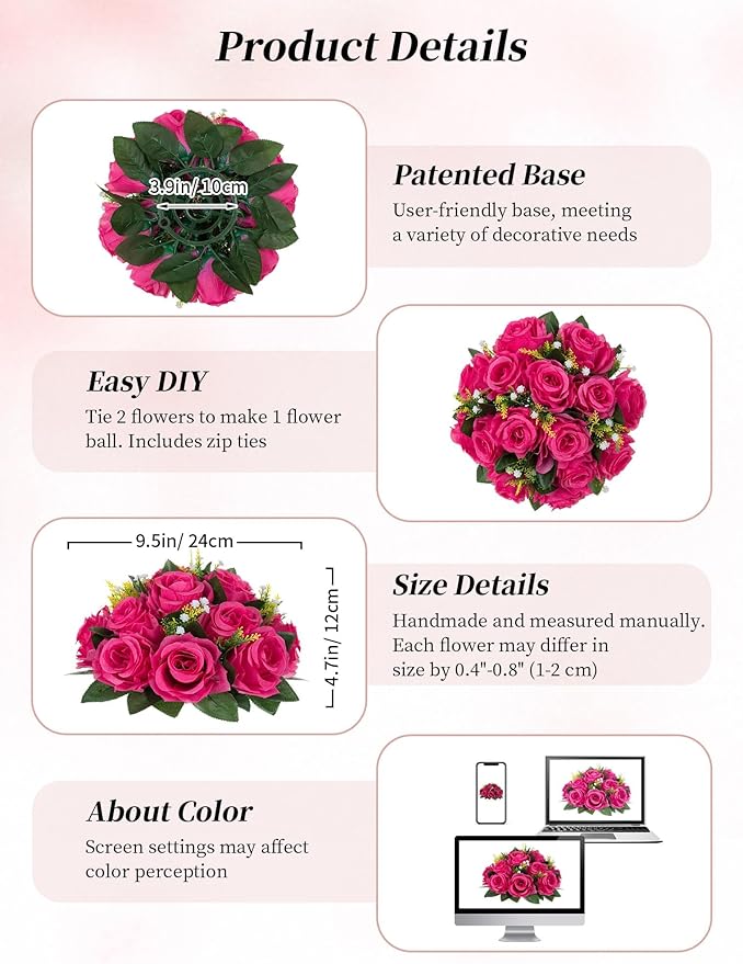 Artificial Silk Rose Flower Balls, 10 Pcs Hot Pink Centerpieces