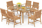 PHI VILLA 7 Pieces Acacia Wood Outdoor Dining Set for 6, Teak Large Wooden Table & Chairs with Wicker Seat and Back, Farmhouse Dining Furniture Set for Patio, Deck, Yard, Porch