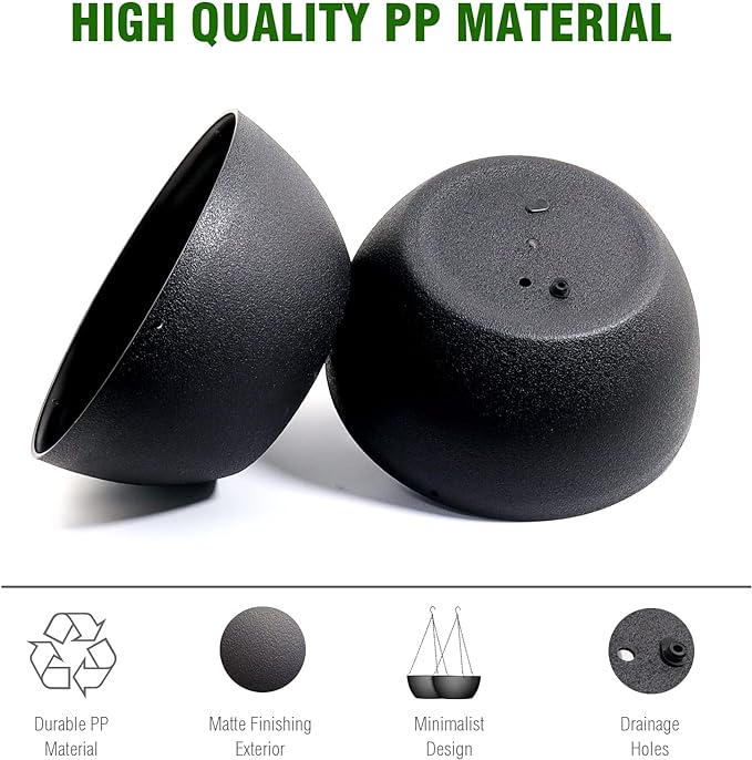 WOUSIWER 13 inch 2Pack Large Hanging Planters for Outdoor Indoor Plants with Drainage Holes and Chain, Round Hanging Flower Pots for Garden Home Porch Decor, Black