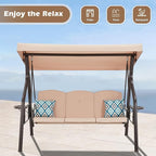 3-Seat Outdoor Porch Swing with Stand, Patio Swing with Canopy, 2 in 1 Porch Swing Bed & Patio Swing Chair for Adult, w/Extra Pillows and Cup Holder for Yard