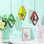 Yaomiao 3 Pcs Stained Glass Hanging Plant Terrariums Hanging Glass Planter Small Geometric Terrarium Air Plant Terrarium with Chain for Succulent Moss Holders Garden Wall Windowsill (Bright Color)