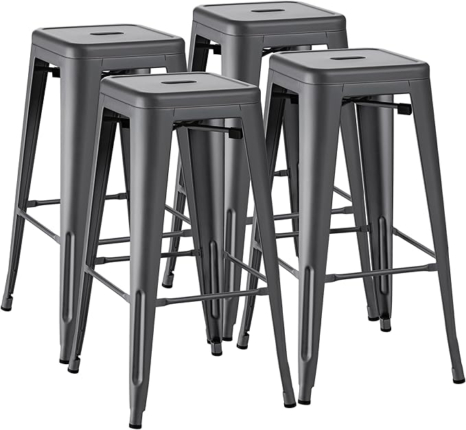Furmax 30 Inch Metal Bar Stools Set of 4, Counter Height Backless Stools, Industrial Bar Chairs Patio Stool Stackable Backless Stool for Kitchen/Dining Room/Bistro/Patio Indoor Outdoor (Gray)