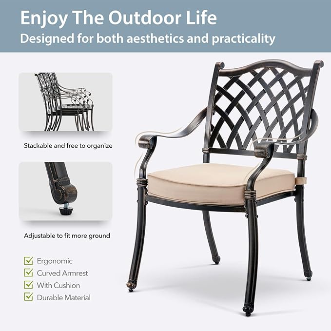 5-Piece Cast Aluminum Patio Furniture, Outdoor Dining Sets for 4 Include 54" Round Patio Dining Table and 4 Stackable Chairs with Cushions & Umbrella Hole (Bronze)