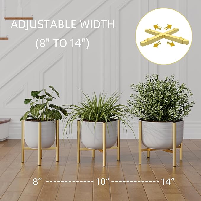 Adjustable Metal Plant Stand Indoor, Mid Century Modern Outdoor Planter Holder for 8 to 14 Inch Pots, Heavy Duty 160 LB Load, Corner Floor Stand for Home Garden Decor Golden