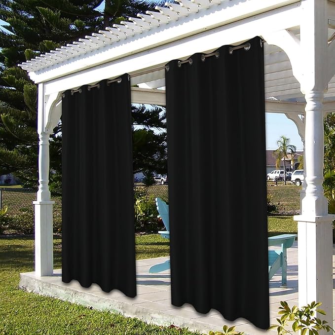 BONZER Outdoor Curtains for Patio Water Resistant Heavy Privacy Light Filtering Grommet Outside Curtains for Porch, Pergola, Gazebo, 1 Panel, 84W x 95L inch, Black