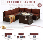 NICESOUL 6 Piece L-Shaped Modern Outdoor Furniture Set with Firepit Natural Gas/Propane, 29.3'' High-Back Deep Wide Seat Patio Conversations for Outside, Large Size Sofa, Brown Rattan and Red Cushion