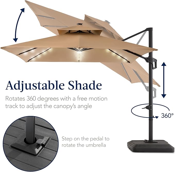 Best Choice Products 12x12ft LED Cantilever Patio Umbrella w/Base Included & 360° Rotation, Large Solar Offset Hanging Outdoor Sun Shade for Deck, Backyard Table w/Stand & Lights – Tan