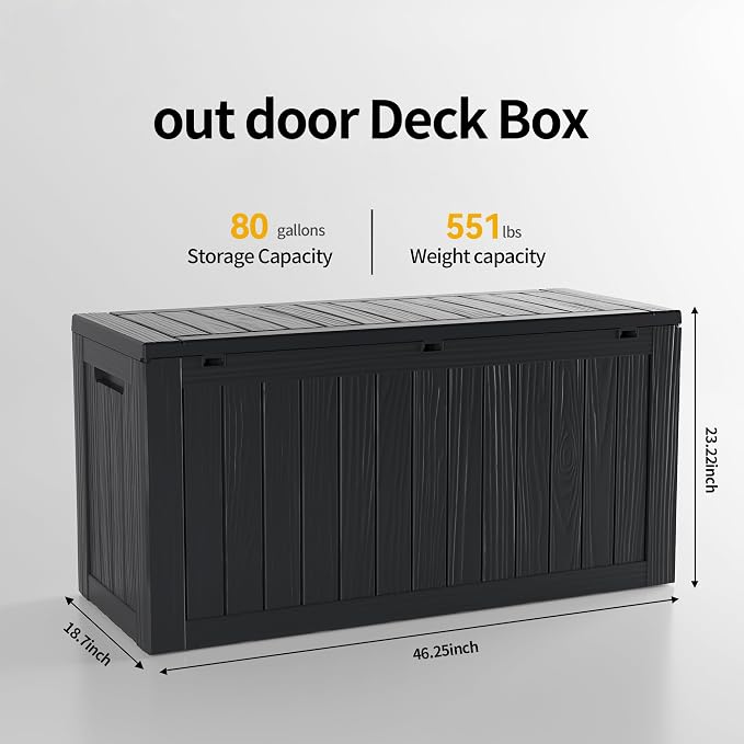 Deck Box, 80 Gallon Black Resin Lockable Waterproof Outdoor Storage