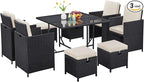 Yaheetech 9-Piece Patio Dining Sets, Outdoor Space Saving Rattan Chairs with Glass Table, Wicker Sectional Conversation Furniture Set with Removeable Cushions, Black/Beige