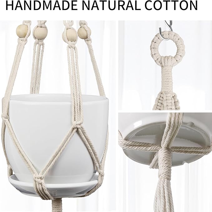 Macrame Plant Hanger - Fits 4 to 8 inches Pots for Indoor Outdoor, 49 Inch, Set of 2, Ivory (POTS NOT Included)