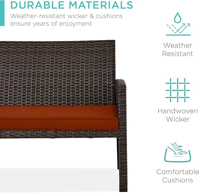 Conversation Set, 4-Piece Outdoor Wicker Patio Set with Coffee Table, Brown/Dark Rust