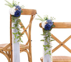 Artificial Wedding Pew Flowers, Blue Roses with Chiffon Ribbon, Set of 10
